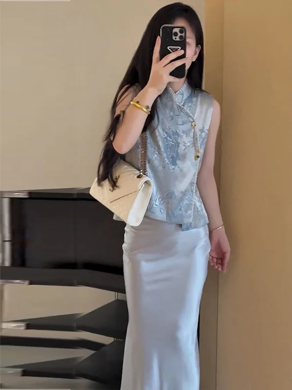 

Ele Faionable Print Vest Skirt Set Women's Summer New Sle Chinese High-End Feelings Two-Piece Suit Polyester Fiber