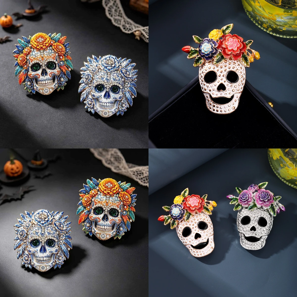 Day of the Dead skull flower brooch, light luxury diamond studded Halloween personalized coat decorative brooch
