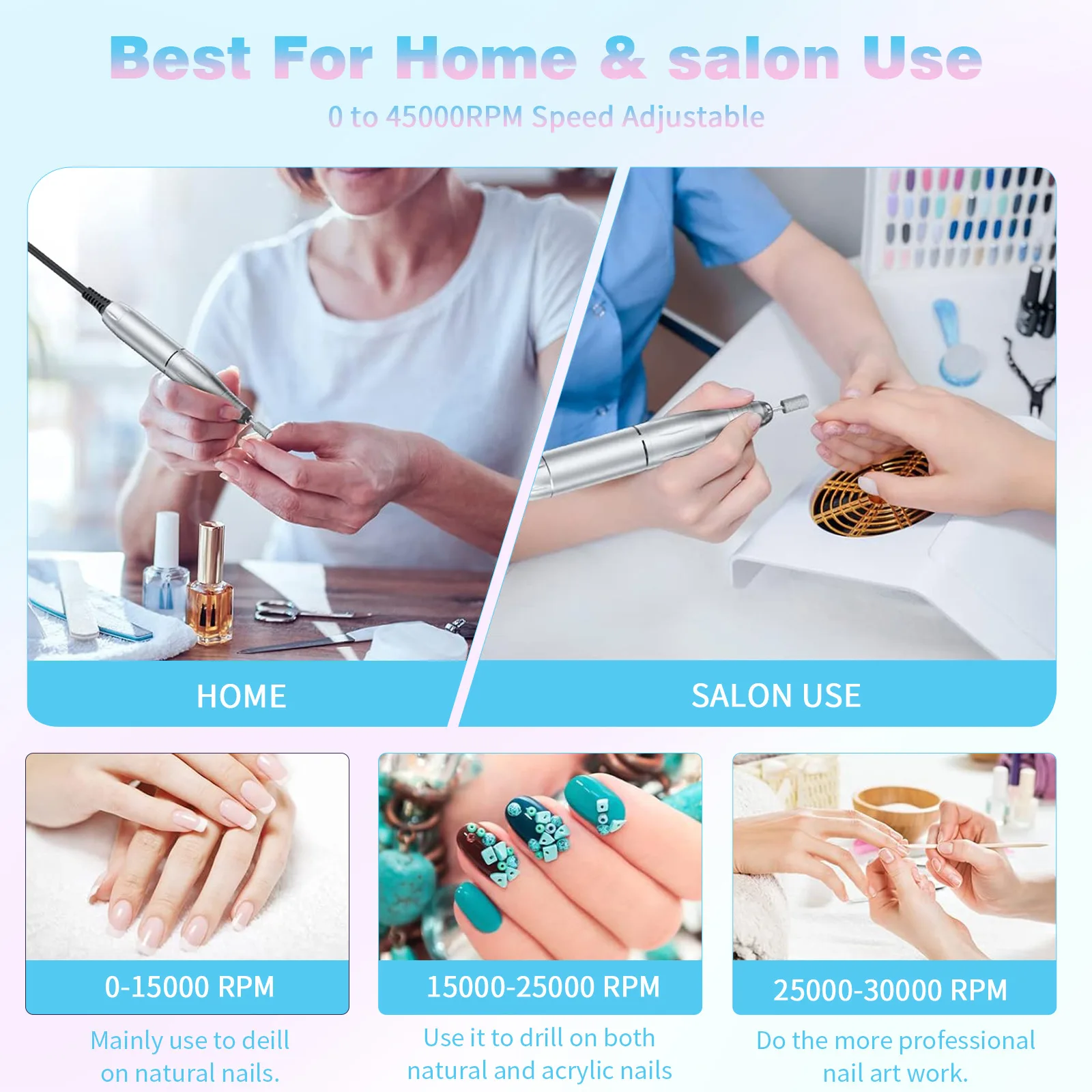 Set di smerigliatrici per manicure ricaricabili USB con trapano per unghie a batteria da 45000 giri/min con 6 punte da trapano, velocità regolabile, funzionamento a batteria a basso rumore