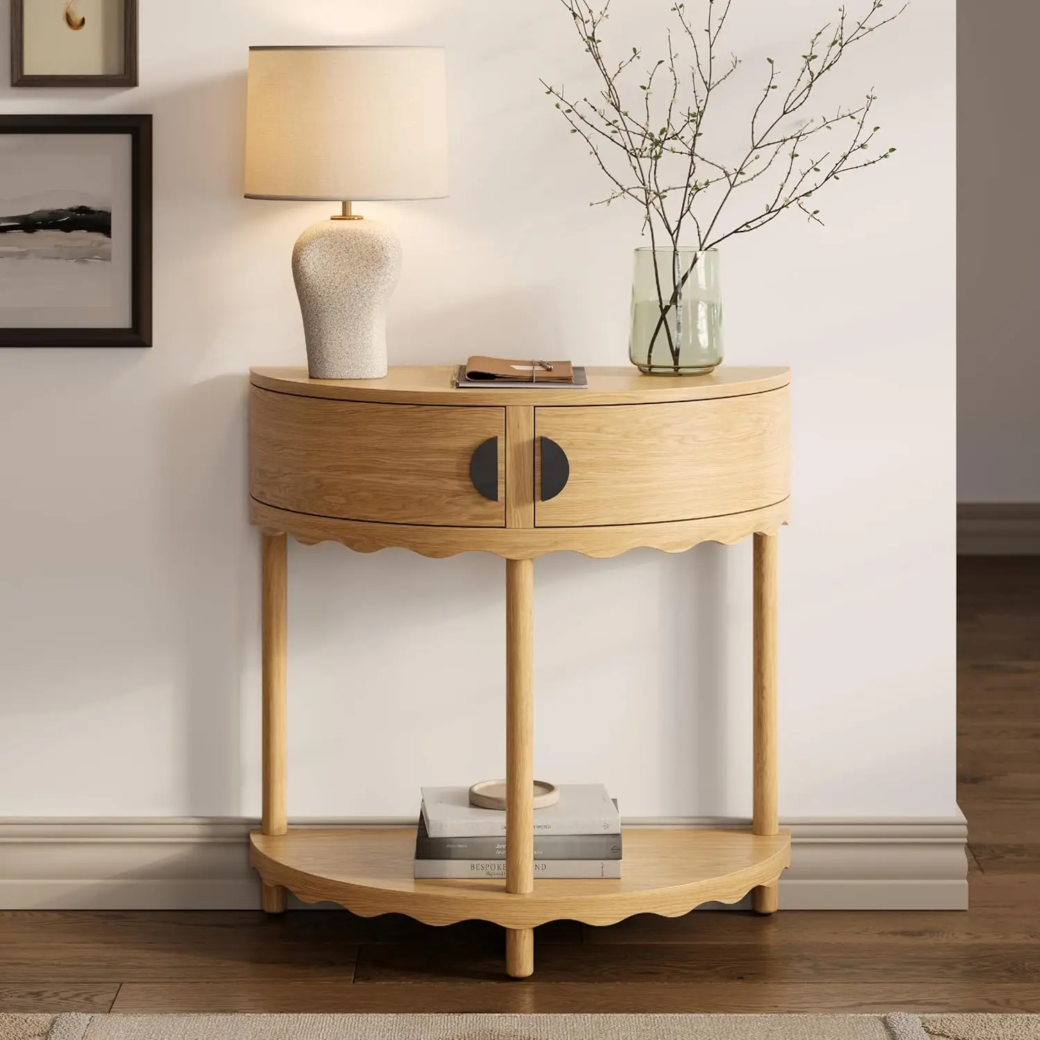 Scalloped Skirt Half Moon Console Table - Small Entry Table With Storage For Narrow Spaces - Modern Home Decor - Living Room