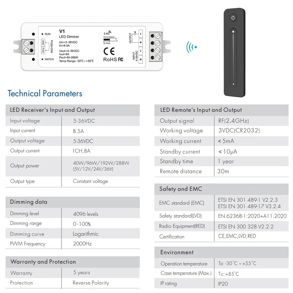 Single Color LED Controller KIT Auto-transmitting Function Dimmer RF 2.4G Remote Controller For DC 5V 12V 24V WW CW NW LED Strip