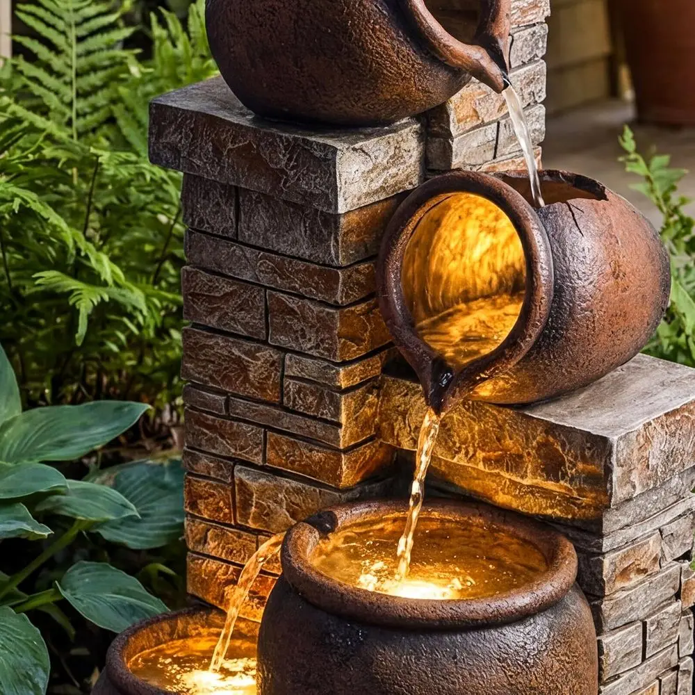 

5-Tier Brown Outdoor Water Fountain with Cascading Jars, Stacked Stones, and 4 LED Lights for Home, Patio, Yard, or Deck Decor