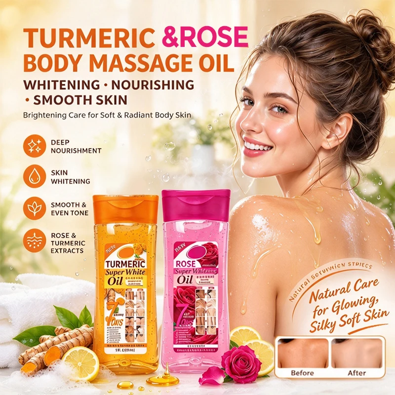 2/4 Pcs Rose and Turmeric Body Massage Oil 200ml Ea. Moisturizing Brightening Skin Care Natural Plant Oil for Dry Skin Relaxing Spa Nourishing Smooth Body Oil for Daily Use