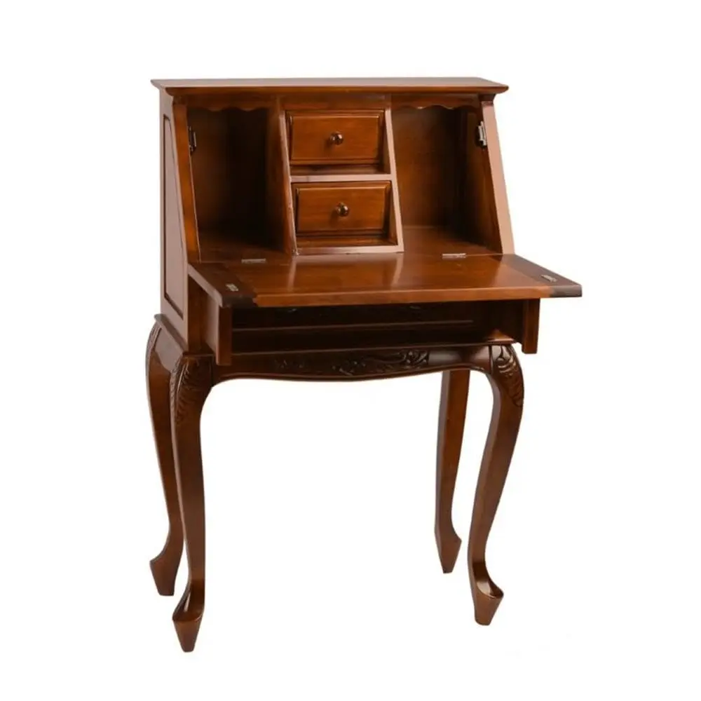 Carved Hardwood Small Secretary Desk With Storage Drawer & Hutch, Home Office Writing Workstation, Walnut Finish, Customized