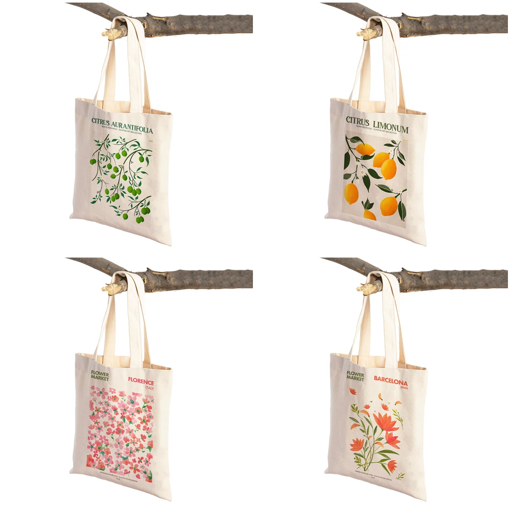 Both Sides Print Girl Shoulder Tote Flower Market Botanical Lime Lemon Cavas Shopper Bag Plant Lady Handbags Women Shopping Bags