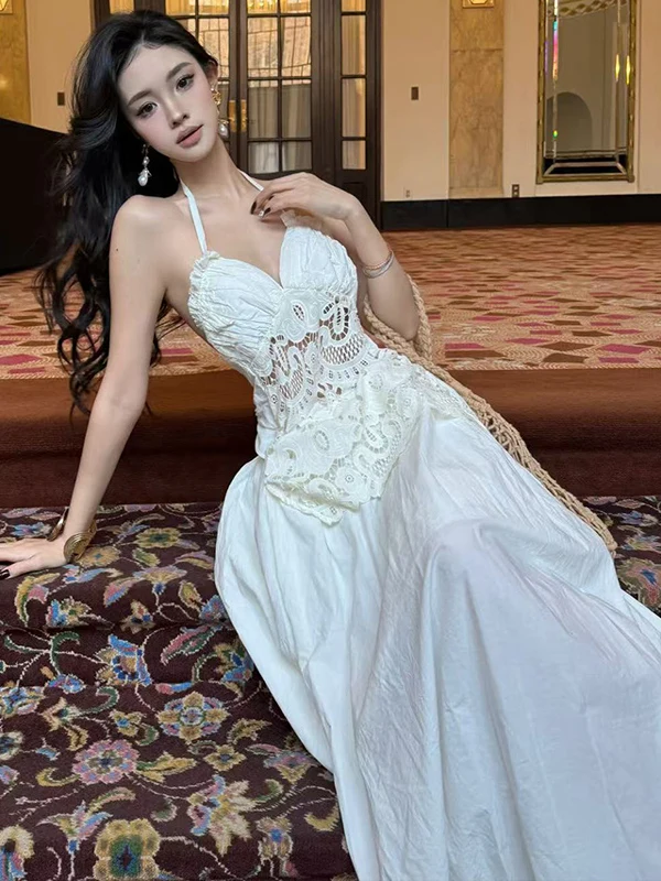 Ele White Lace ter Dr Fairy Sommer-Ballkleid, Strand-Stil, langer Rock, französischer Stil, hohe Taille, A-Linie, Silhouette