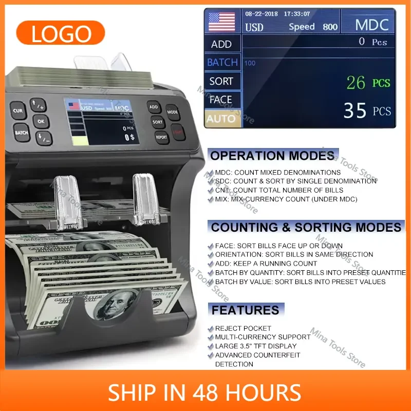 LED Display Counting Bill Counter Mixed Denomination Money Banknote Counter for Banks