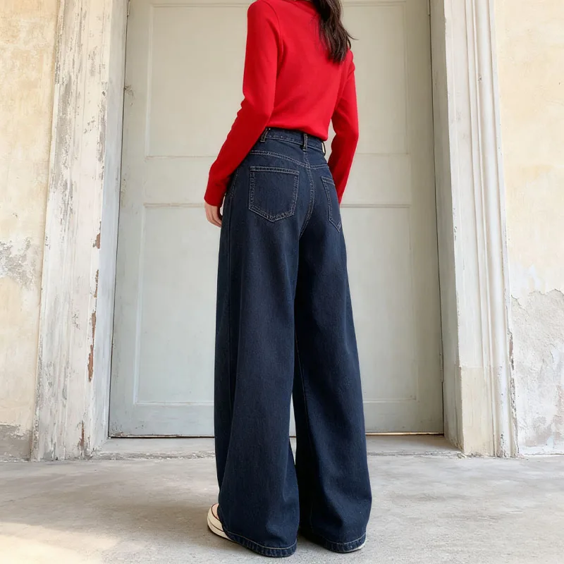 جينز Y2K نسائي شتوي 2025 Dongdaemun بنطال ذو قصة أرجل واسعة كحلي واسع الساق من قماش الدنيم مبطن حراريًا كومة لوكس #5