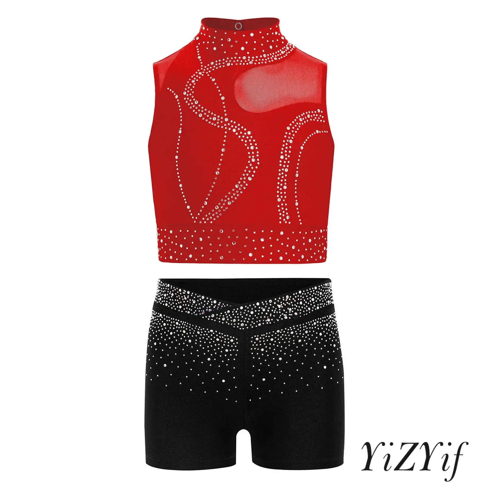 

Kids Girls Gymnastics Ballet Dance Outfit Sparkling Rhinestones Keyhole Back Mesh Patchwork Crop Top with Shorts for Dance Shows