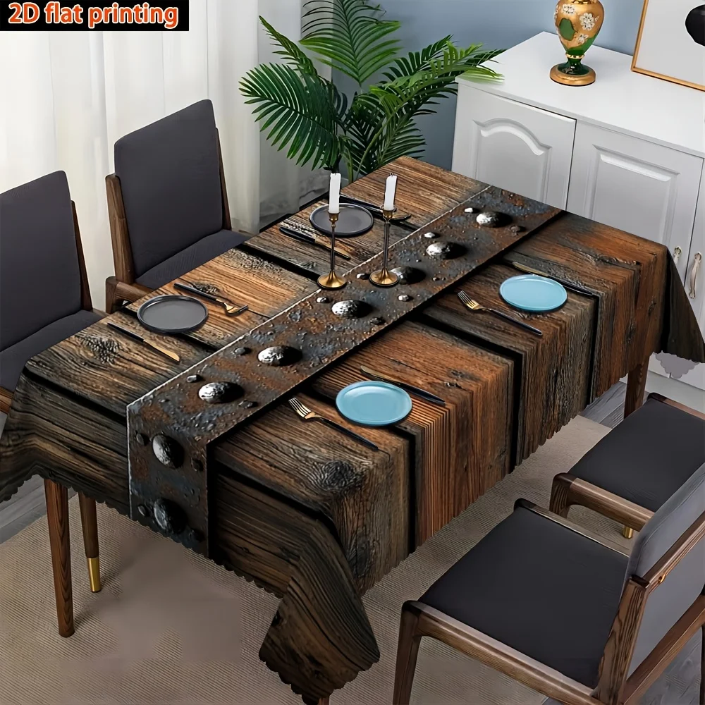 Simple wood grain and vintage steel rectangular tablecloth, with pleated edge of polyester fiber.