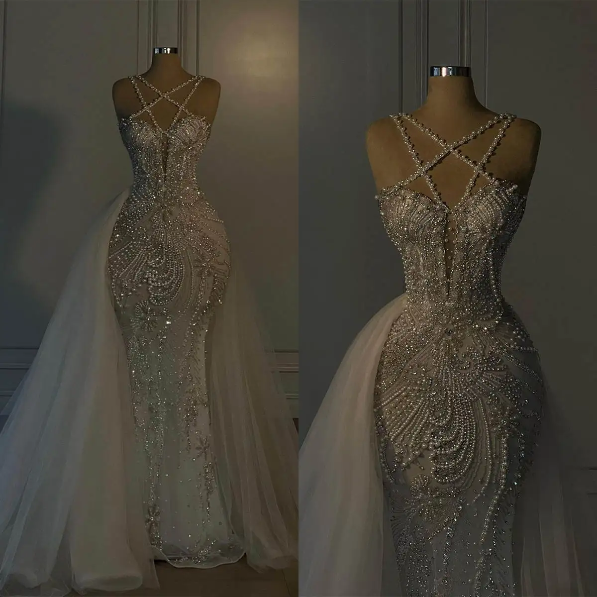 

Sexy Beads Mermaid Wedding Dress Fashion Lace Pearls Sleeveless Bridal Gown Floor Length Vestido De Novia Custom Made