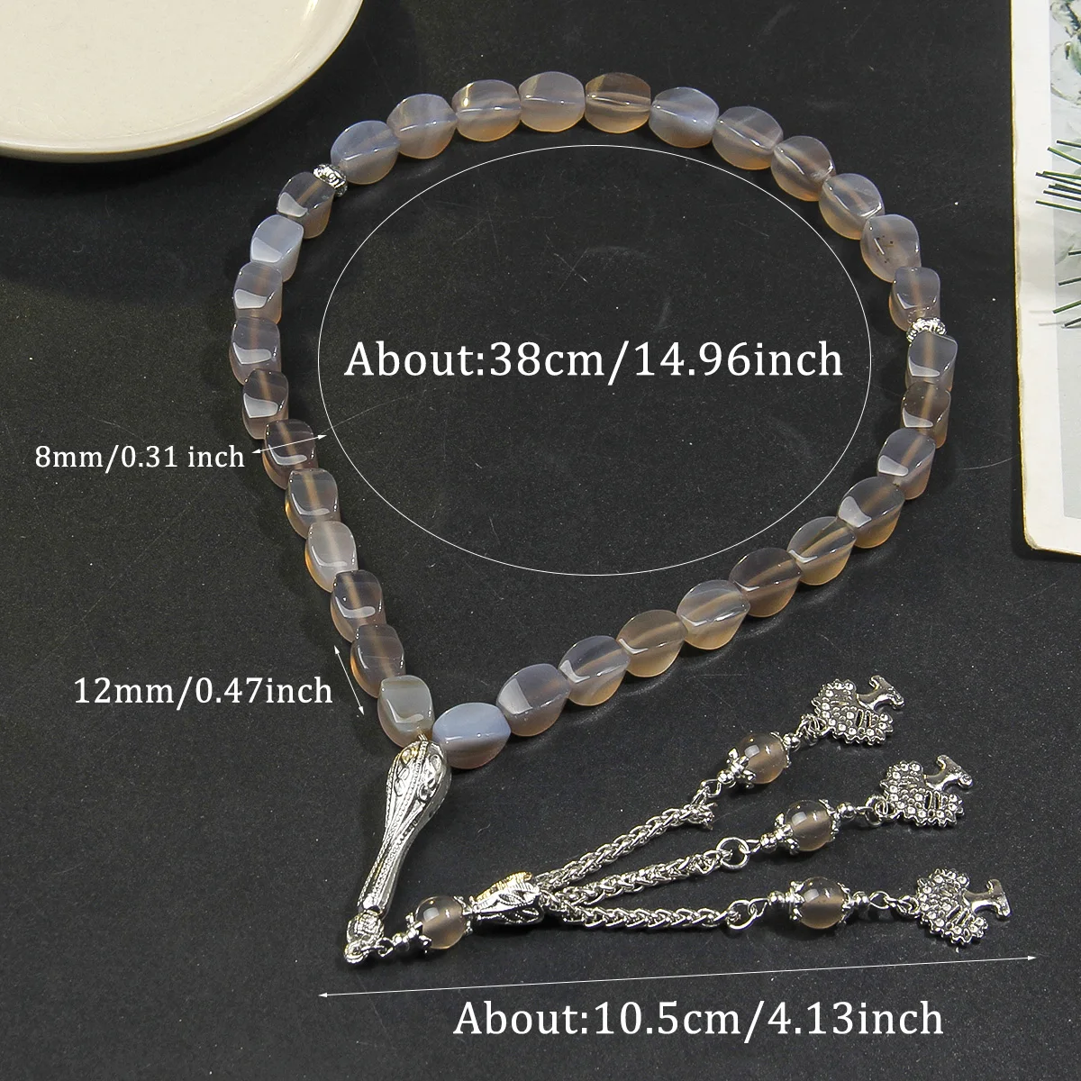 Pulsera de cuentas de oración grises de 12 * 8 mm con piedra de ágata sutil (diferencia de color) combinada con un exquisito colgante en forma de árbol