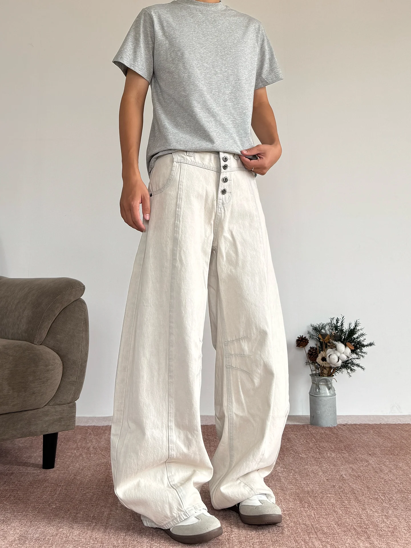 

Мужские свободные джинсы в стиле ретро, американского кроя, с широкими штанинами, пэчворк, на нескольких пуговицах, с эффектом потертости