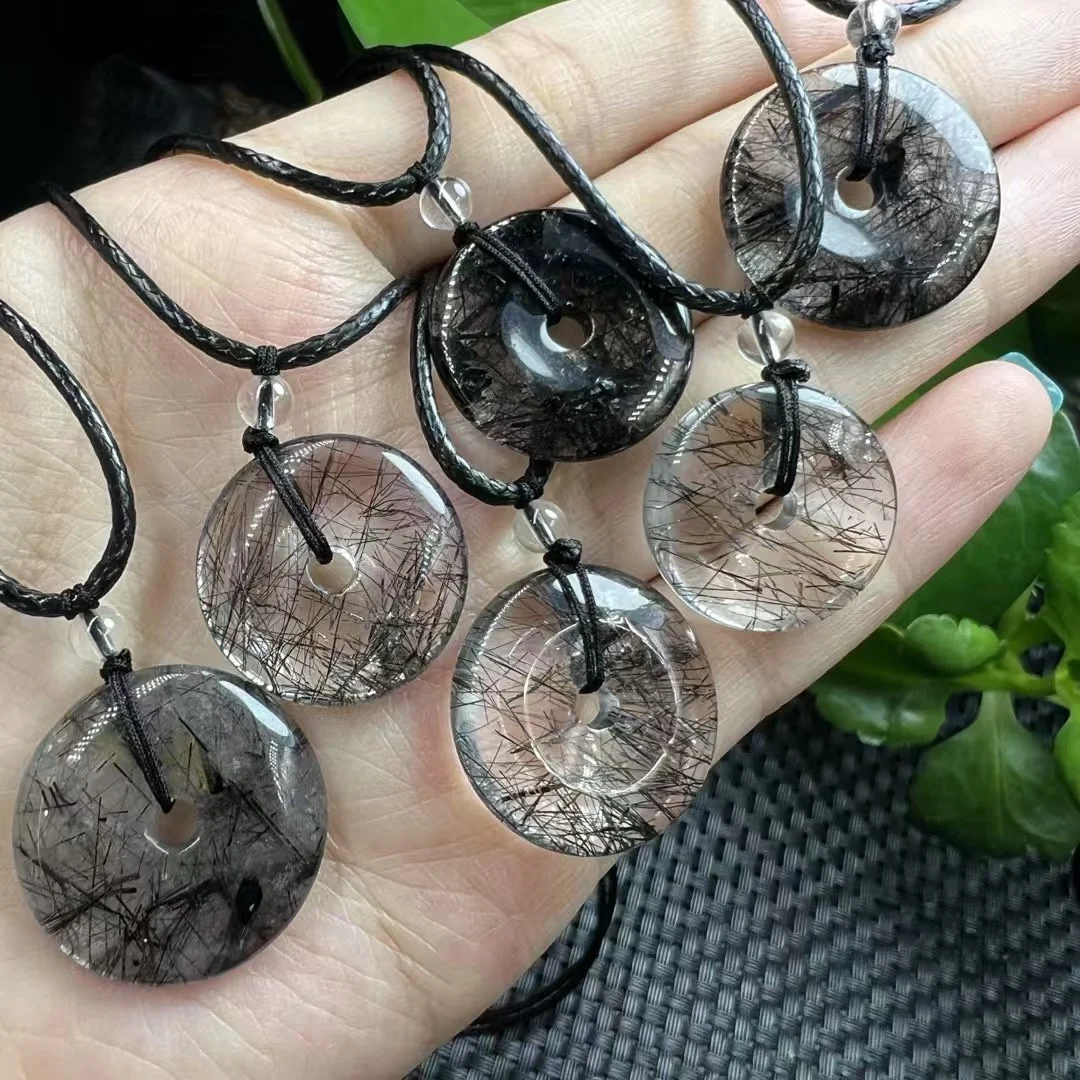 

1 Pc Fengbaowu Natural Black Rutilated Quartz Donut Pendant Wax Cord Reiki Healing Stone Fashion Jewelry Gift For Women Men