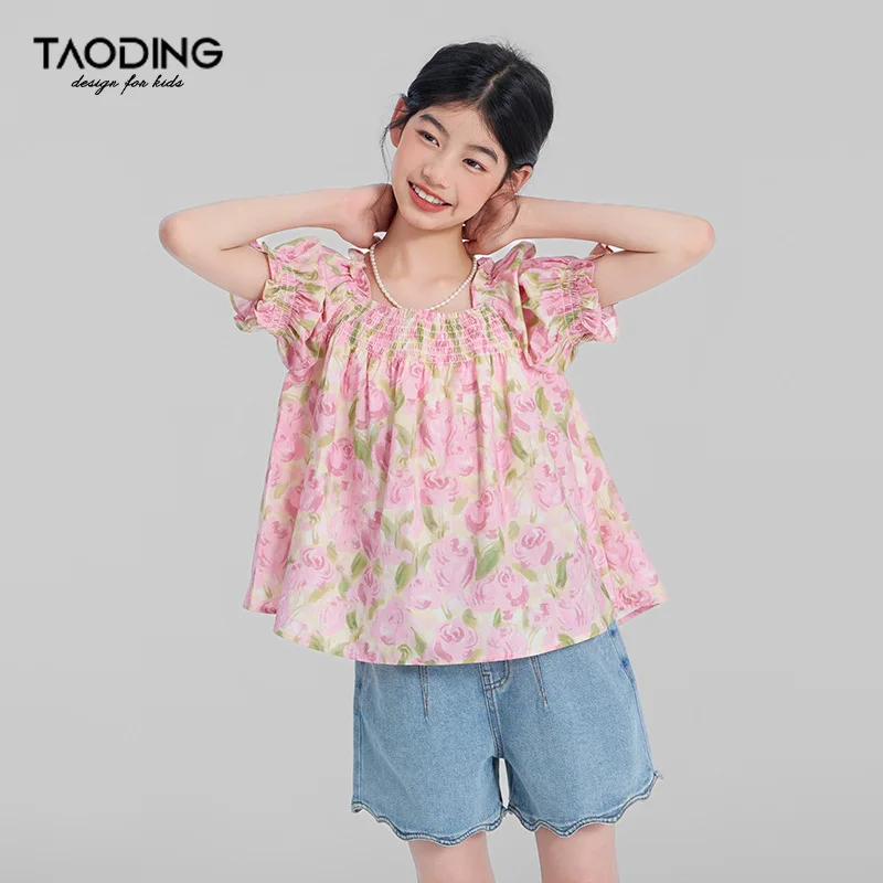 Top Floral para niña, camiseta de manga corta para verano 2024, nuevo estilo coreano, Tops bonitos de moda de flores simples y dulces de alta calidad