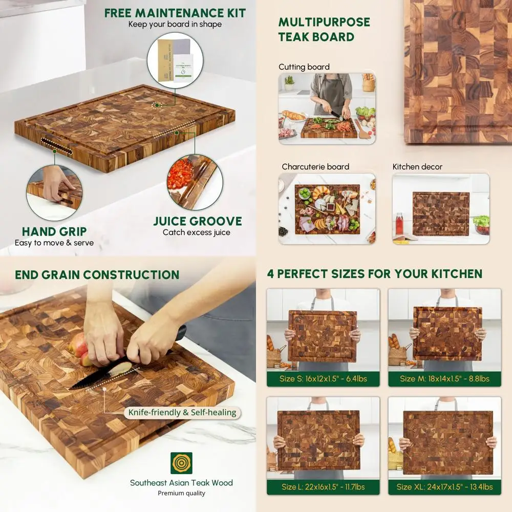 

18x14 Inch Teak Wood Cutting Board with Juice Groove and Grip, Durable Kitchen & Serving Board, Ideal Charcuterie, Christmas Gif