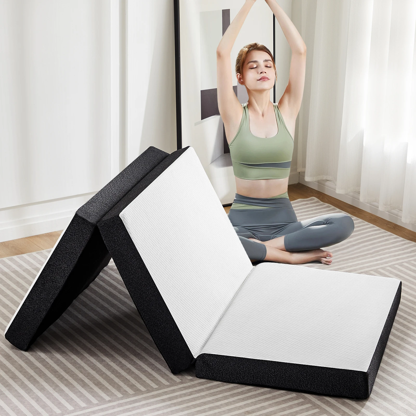 JHK 3–4 Zoll weiche Matratze, dreifach gefaltete Memory-Schaum-Matratze mit zusammenklappbarem und waschbarem Bezug, tragbares Bodenbett für Reisen, Yoga