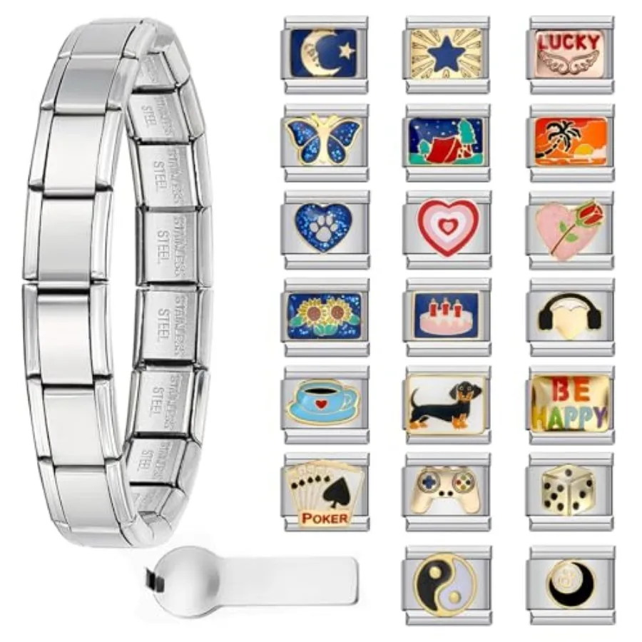 

Italian Charm Bracelet with 10 or 20 Charms, Stainless Steel Adjustable DIY Charm Bracelet for Women and Men, Includes Opener T