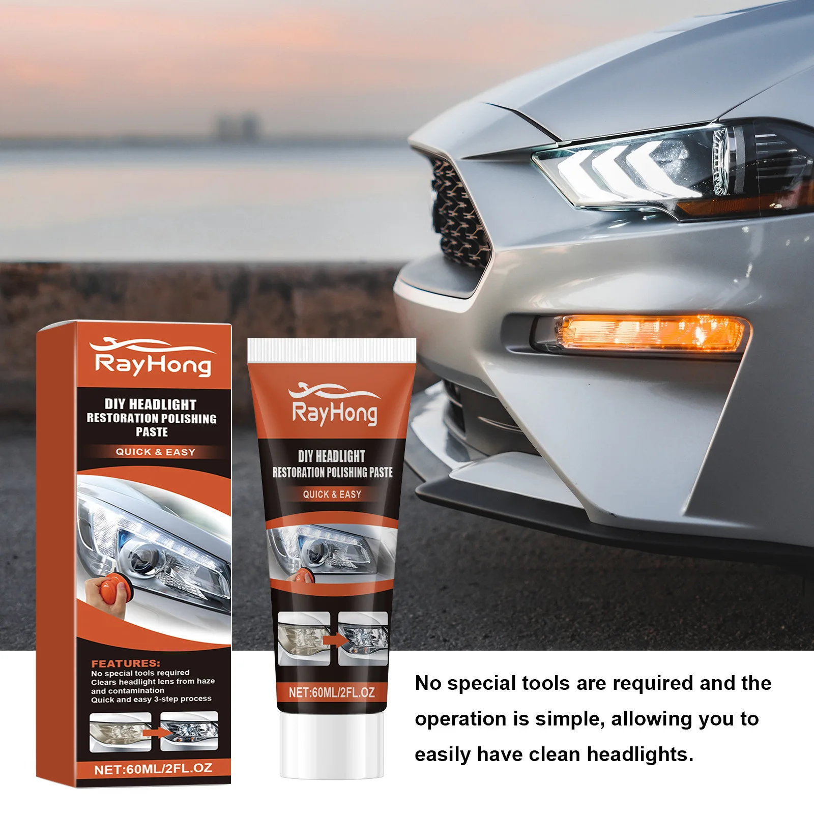 

Professional Headlight Restoration Kit - Car Lens Cleaner Polish, Helps Remove Yellowing Scratches, DIY Repair Solution (60ml)