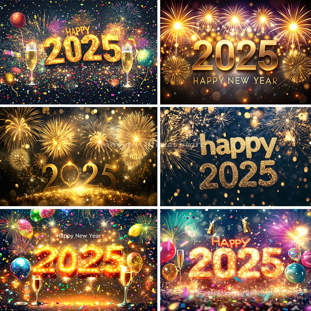 

2025 Happy New Year Golden Glitter New Year Backdrop for Photography Fireworks Champagne Family Party Decor Photo Background