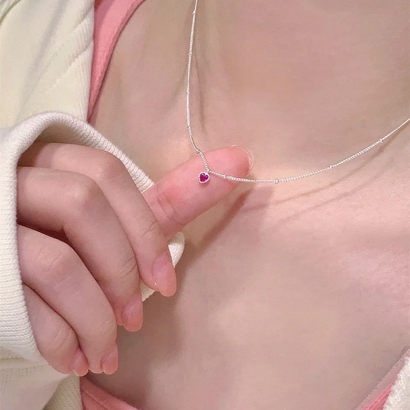 INS Silver Color Necklace Pendant for Women Jewelry Love Necklace Small Mini Red Heart Pendant Simple Heart Shaped Collar