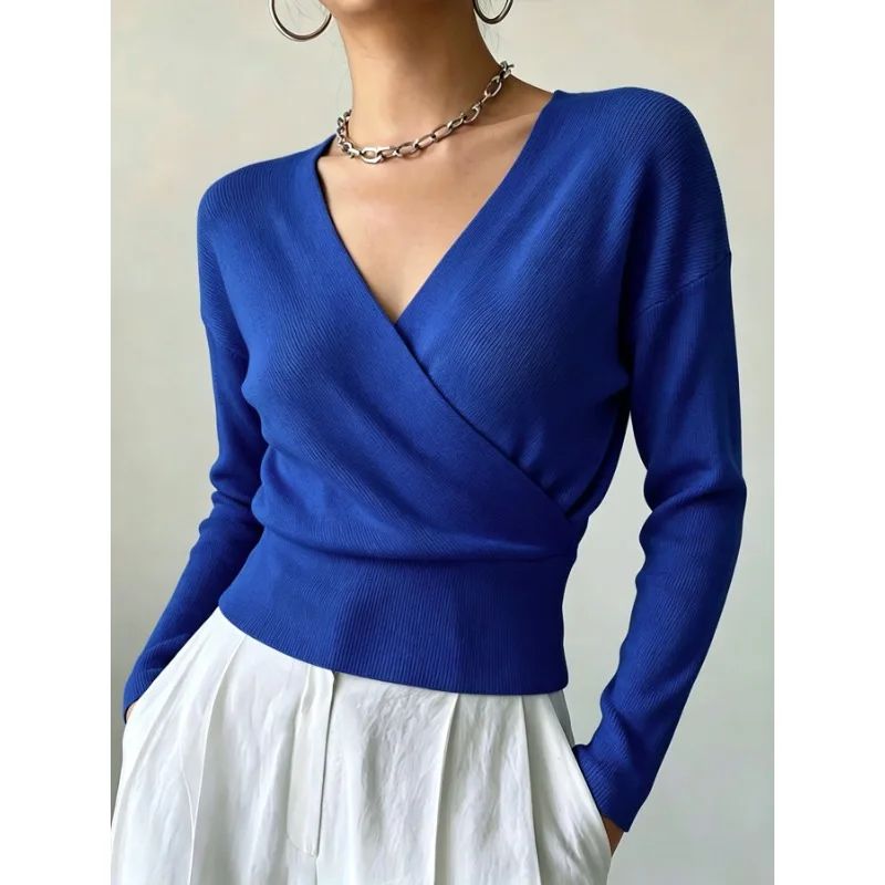 Women Cross V‑Neck Knit Top Long Sleeve Slim Blouse Autumn Winter Solid Color Elegant Wrap Shirt Casual Office Lady Sweater