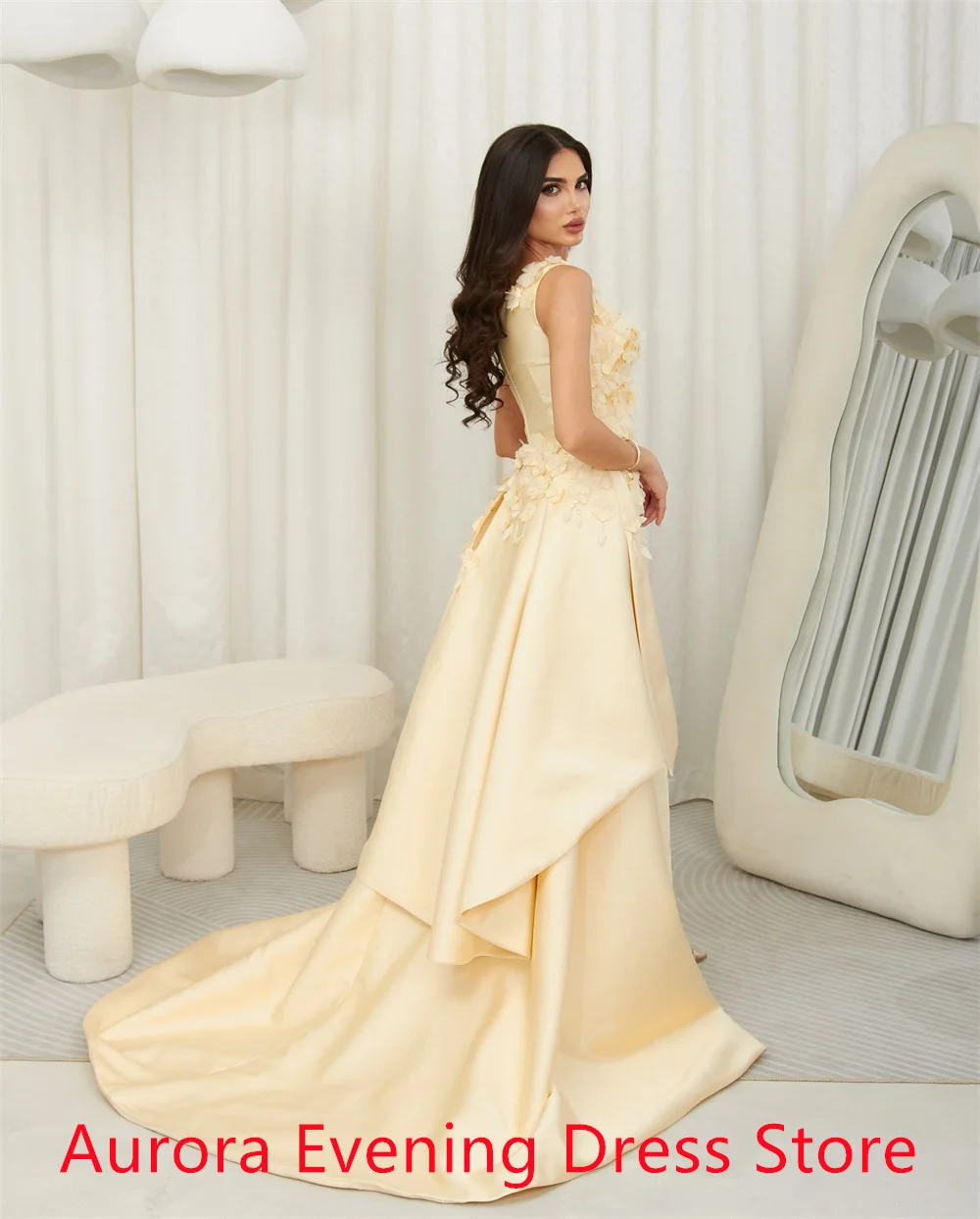 فستان رسمي أنيق مخصص لحفلات العودة للوطن من الجيرسيه النقي بياقة مربعة وأكمام قصيرة مزين بسحاب خلفي رداء السهرة