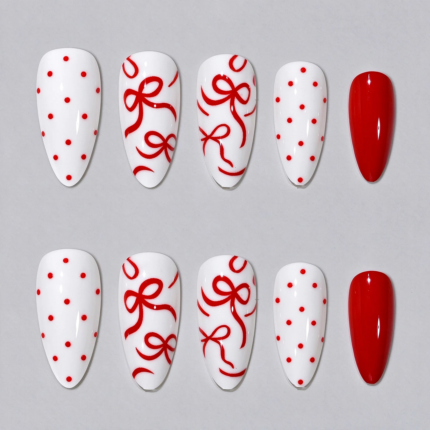 24Pcs Full Cover Press On Nails Coquette Style Long Almond Fake Nails With Hand Drawn Red Bowknot & Dots Glossy False Nail Tips*