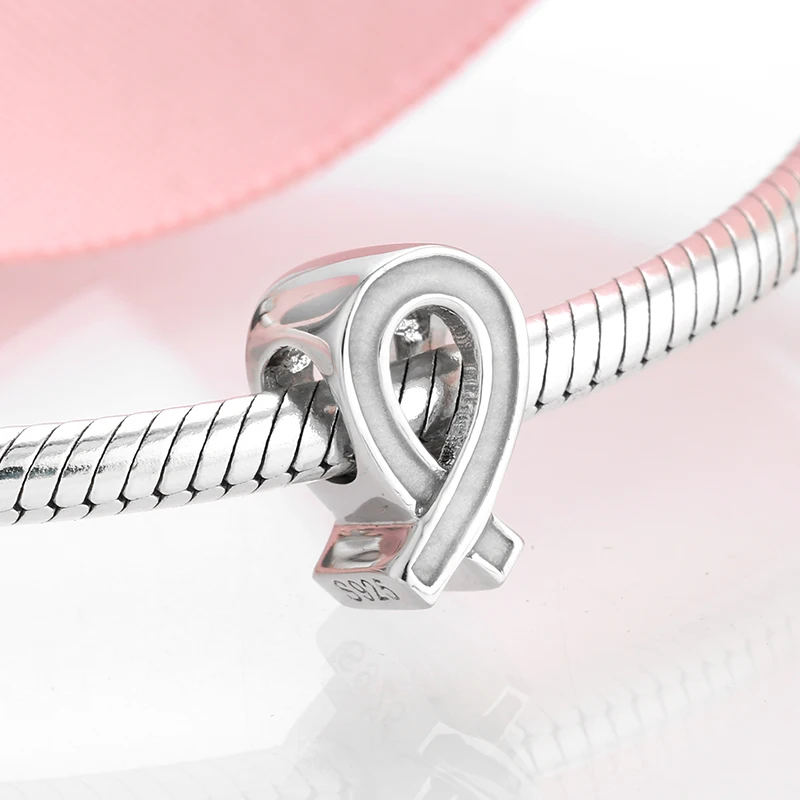 

925 Sterling Silver White Ribbon Women's Care Symbol Pendant Charm Bead Fit Original Bracelet DIY Accessories