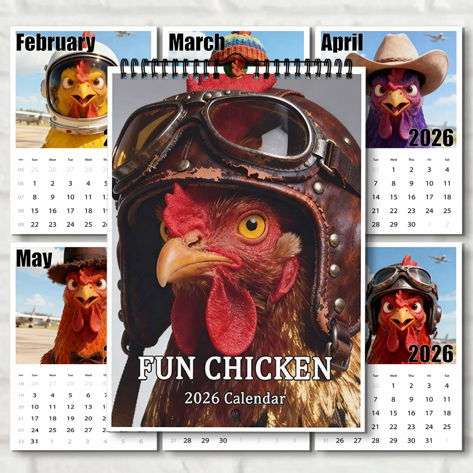1PC 2026 Dressed Rooster Themed Wall Calendar, Whimsical & Creative Hanging Calendar for Art Lovers & Humor Fans