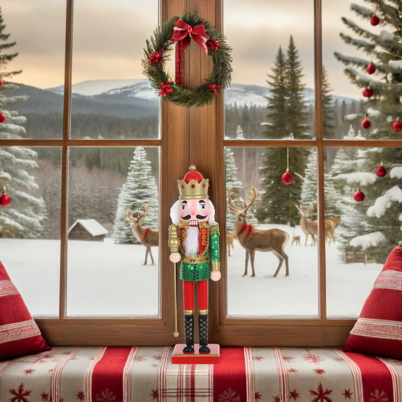 

38Cm Wooden Nutcracker Decoration Christmas Colorful Soldier Figure Holiday Table Centerpiece Fireplace Shelf Ornament Xmas Tree