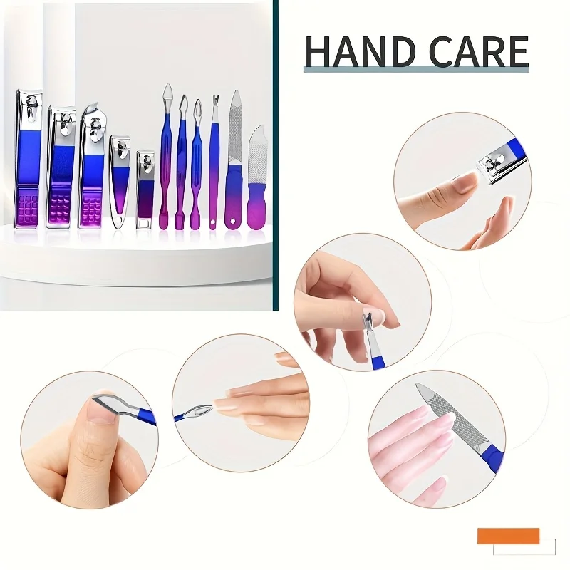 9pcs Stainless Steel Nail Clipper Set Blue Red Gradient Nail Kit Splash Proof Clippers Scissors Keratinum Layer Storage Box