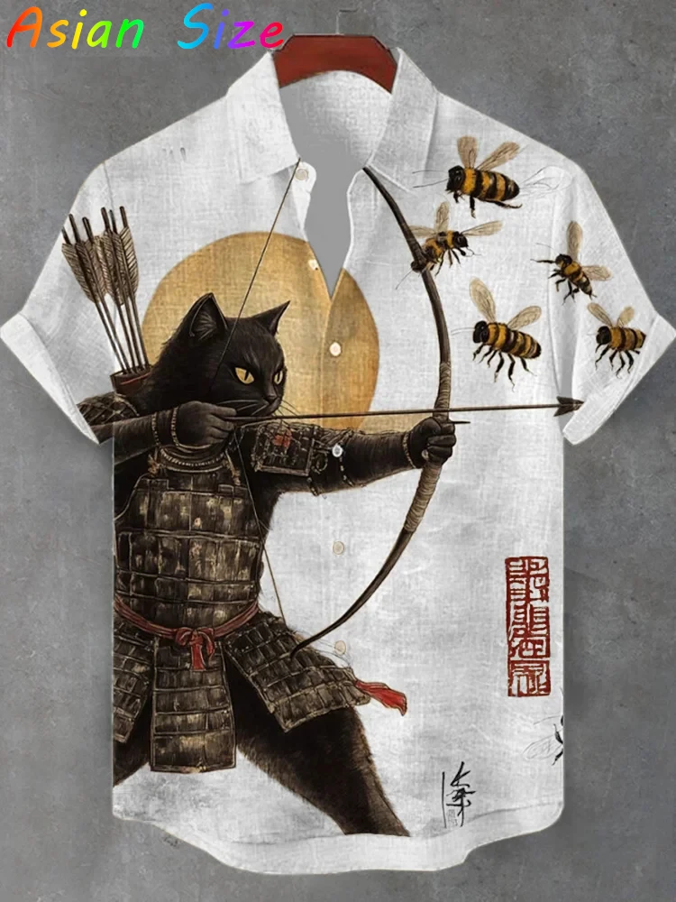 2026 Vintage Japanese Cat Archery Shirts Daily Men Women Street Polyester Retro Shirt Short Sleeve Loose Button Up Blouses Tops