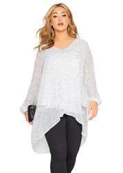 Plus Size Long Sleeve Spring Autumn Elegant Hi Low Wrap Blouse Women V-neck White Dot Print Tunic Top Large Size Casual Blouse