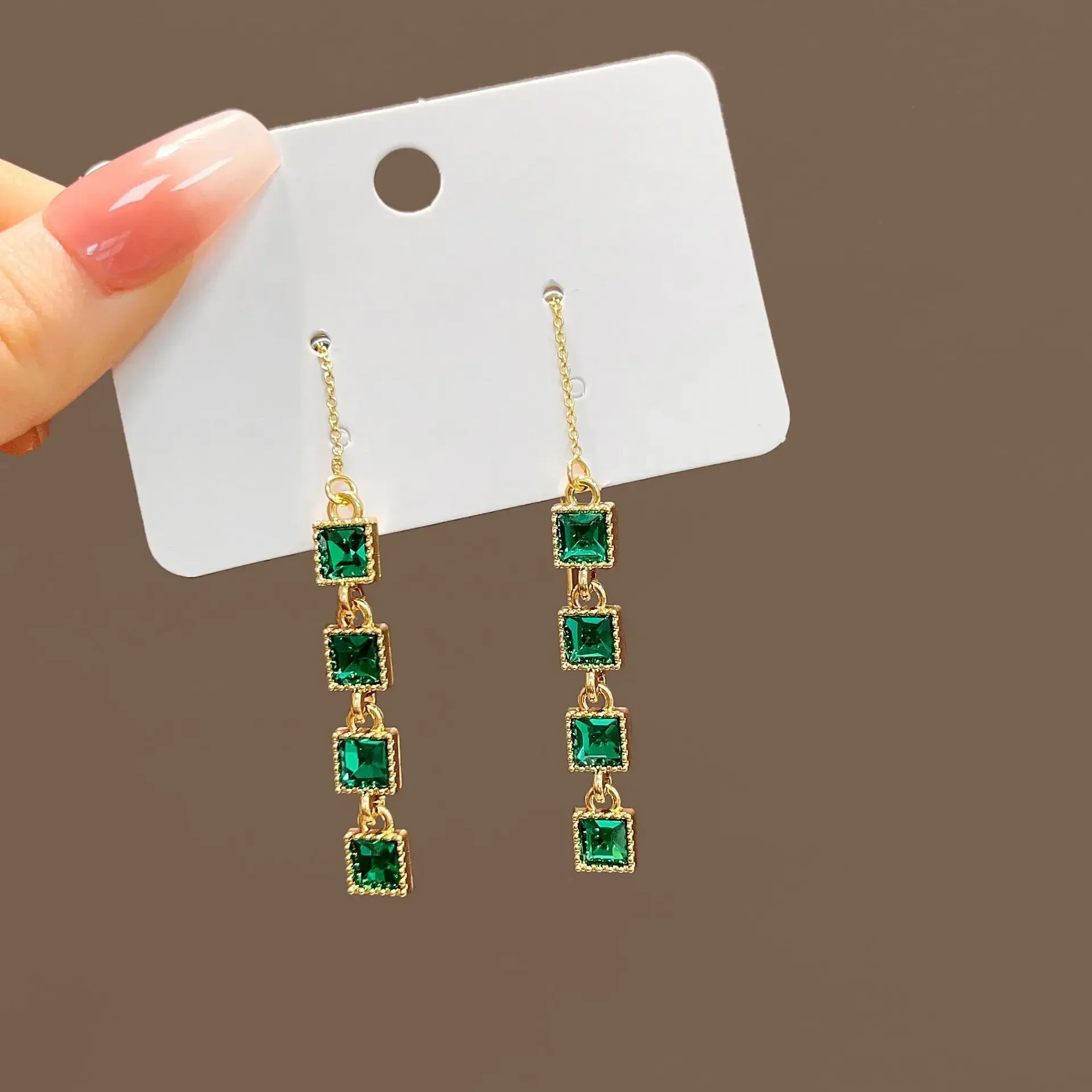 Summer Emerald Square Earrings for Ladies Retro Long Tassel Earrings Diamond Inlaid Geometric Jewelry Gift Female