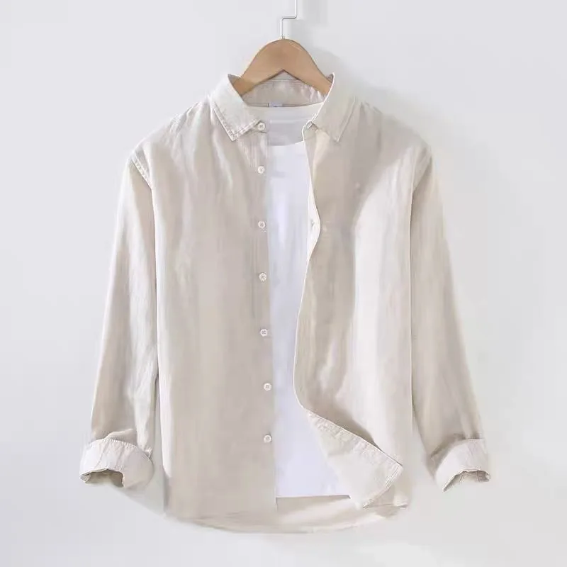 Summer Men's Casual Pure Linen White Shirt Thin Long Sleeve Loose Simple Top Fashion Urban Style Spring Youth No Pocket Regul...
