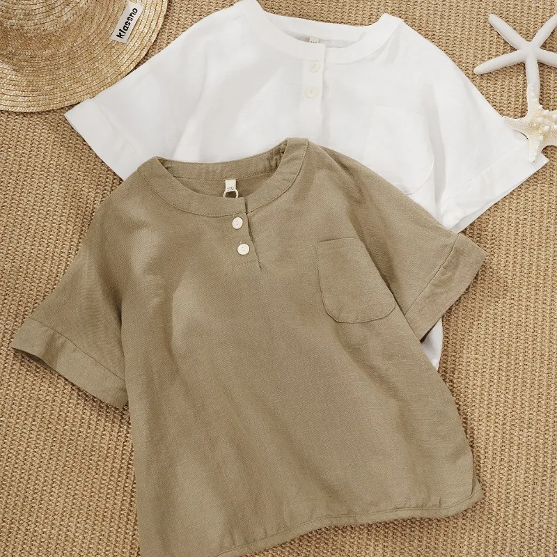 Boys T-shirts Summer 2026 Cotton Linen Children Skin-friendly T-shirt Short-sleeve Toddler Outfits Baby Pullovers Clothing 1-8T