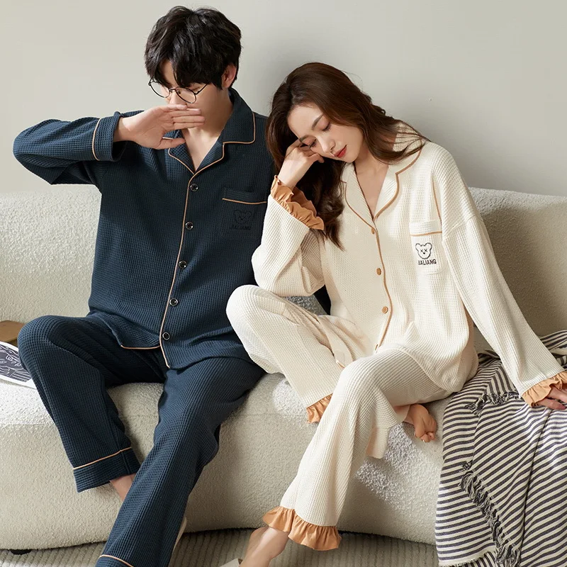 New Cotton Waffle Sleepwear Korean Cardigan Men Pijamas Women Pajamas Set Long Sleep Tops Pant Nightwear Pjs pareja hombre