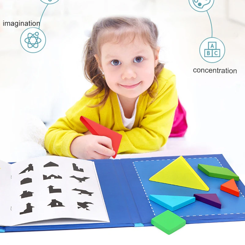 Livro de quebra-cabeça portátil Tangram magnético para crianças, brinquedos de madeira, brinquedos educativos, aprender e brincar, educação