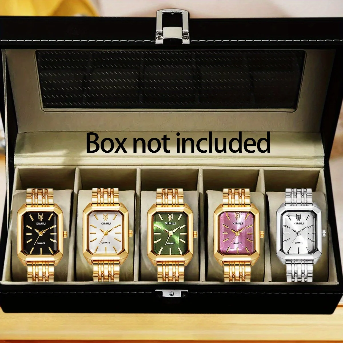5-piece set - Fashionable square women's quartz watch with bead bracelet design, alloy case and strap, no battery required