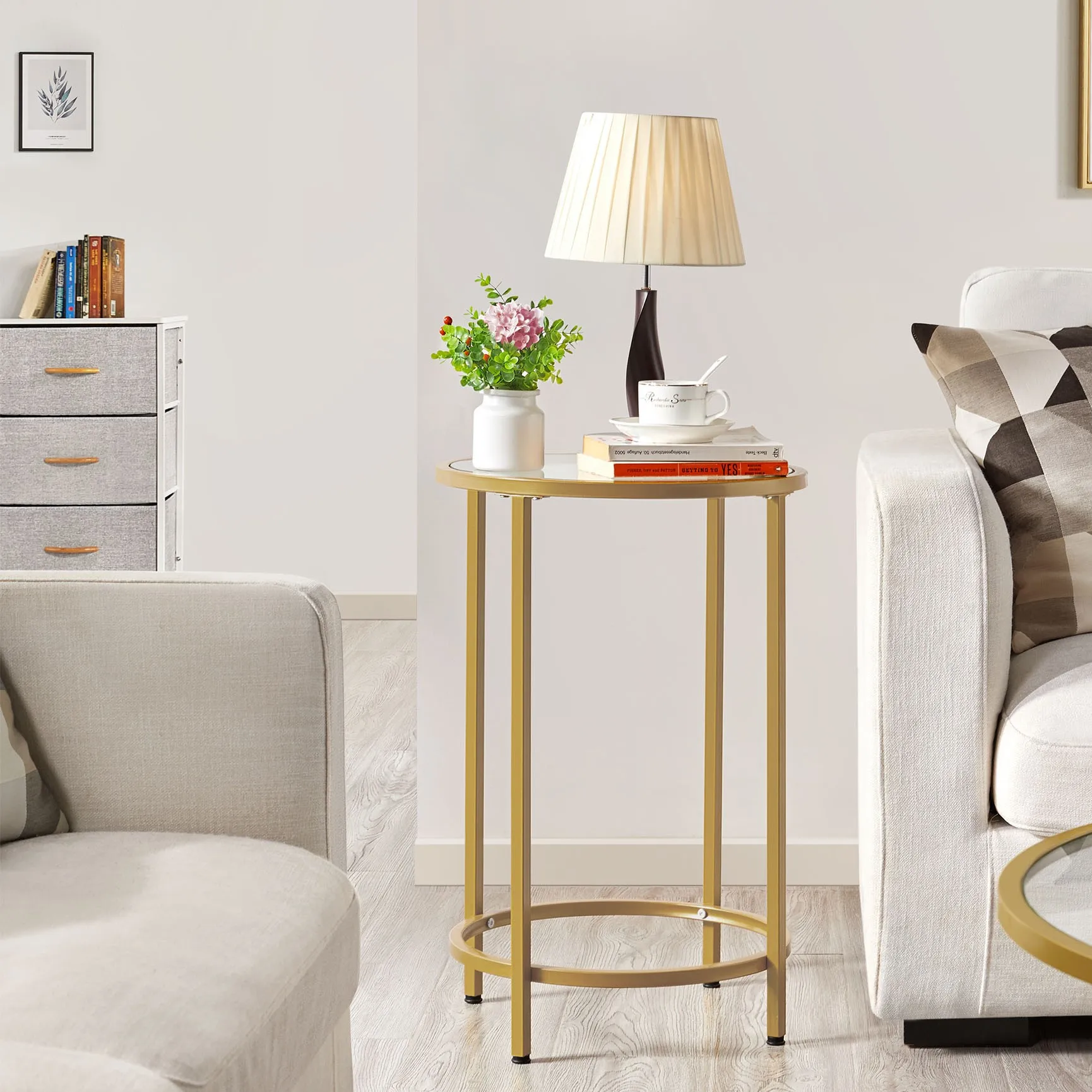 

Costoffs Round Side Table Glass Accent Table with Glass Top and Metal Frame for Small Space/Living Room/Bedroom