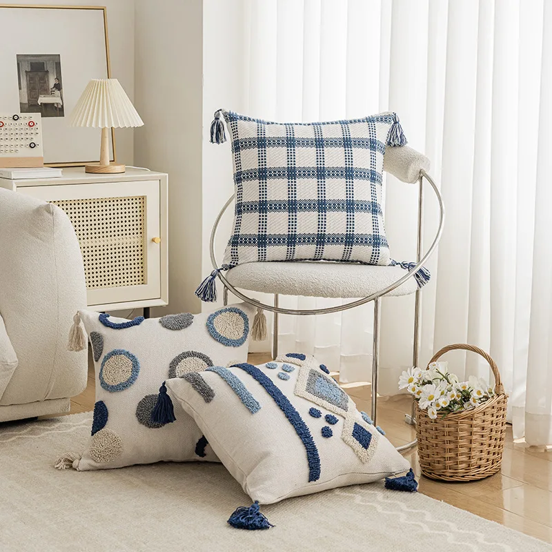 

Tassel Blue Color Living Room Sofa Bedside Cushion Cover Multi-purpose Family Car Striped Polka-dot Pillowcase for Home Decor