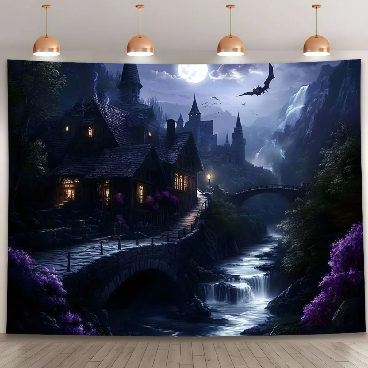 Tapiz Grande de Castillo Gótico de Fantasía, Paisaje Medieval Oscuro, Bosque Encantado, Río y Cascada, Decoración de Pared, Arte para Colgar