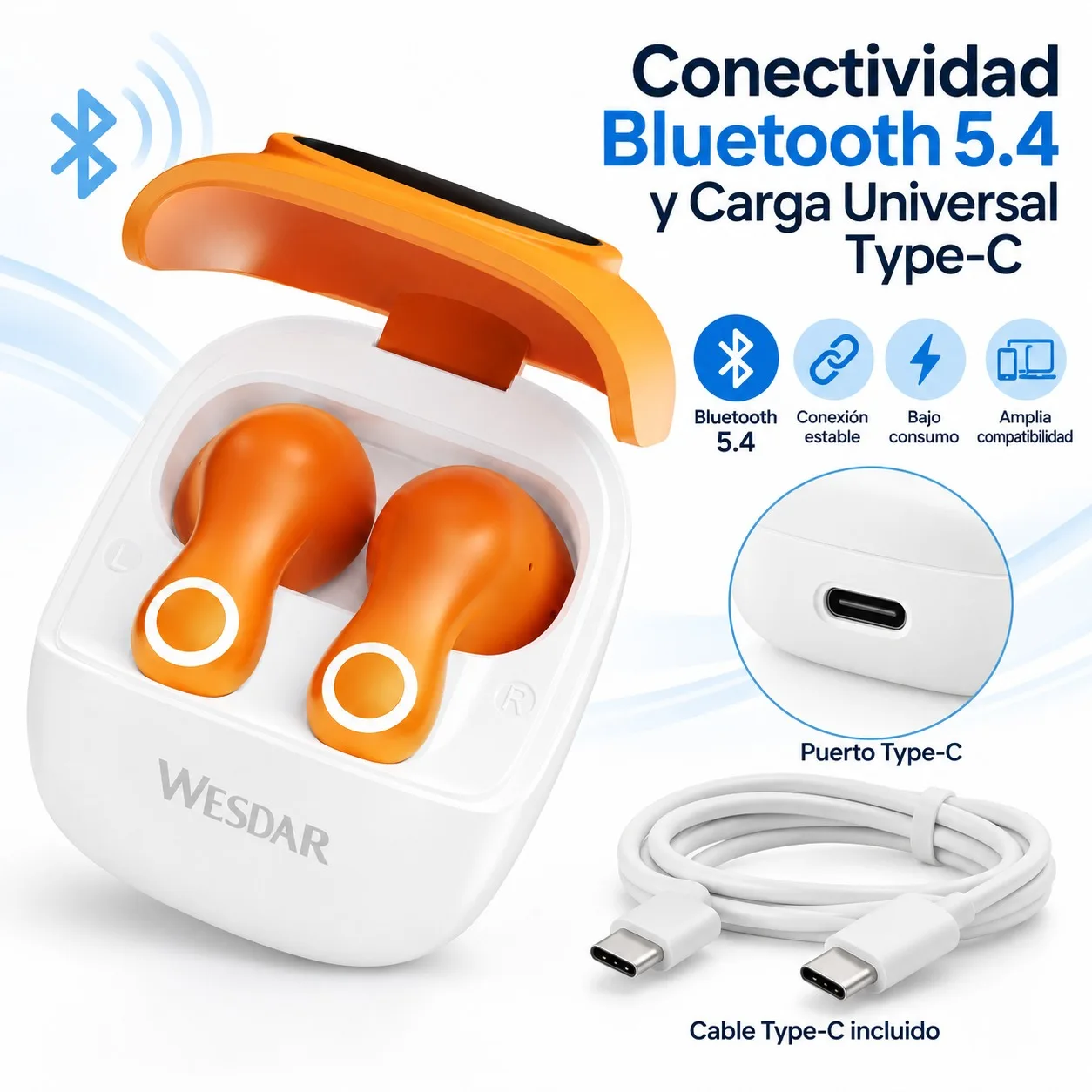 Auriculares inalámbricos TWS1085 Bluetooth 5.4 en color naranja vivo, con estuche de carga Type-C y autonomía de 4 horas