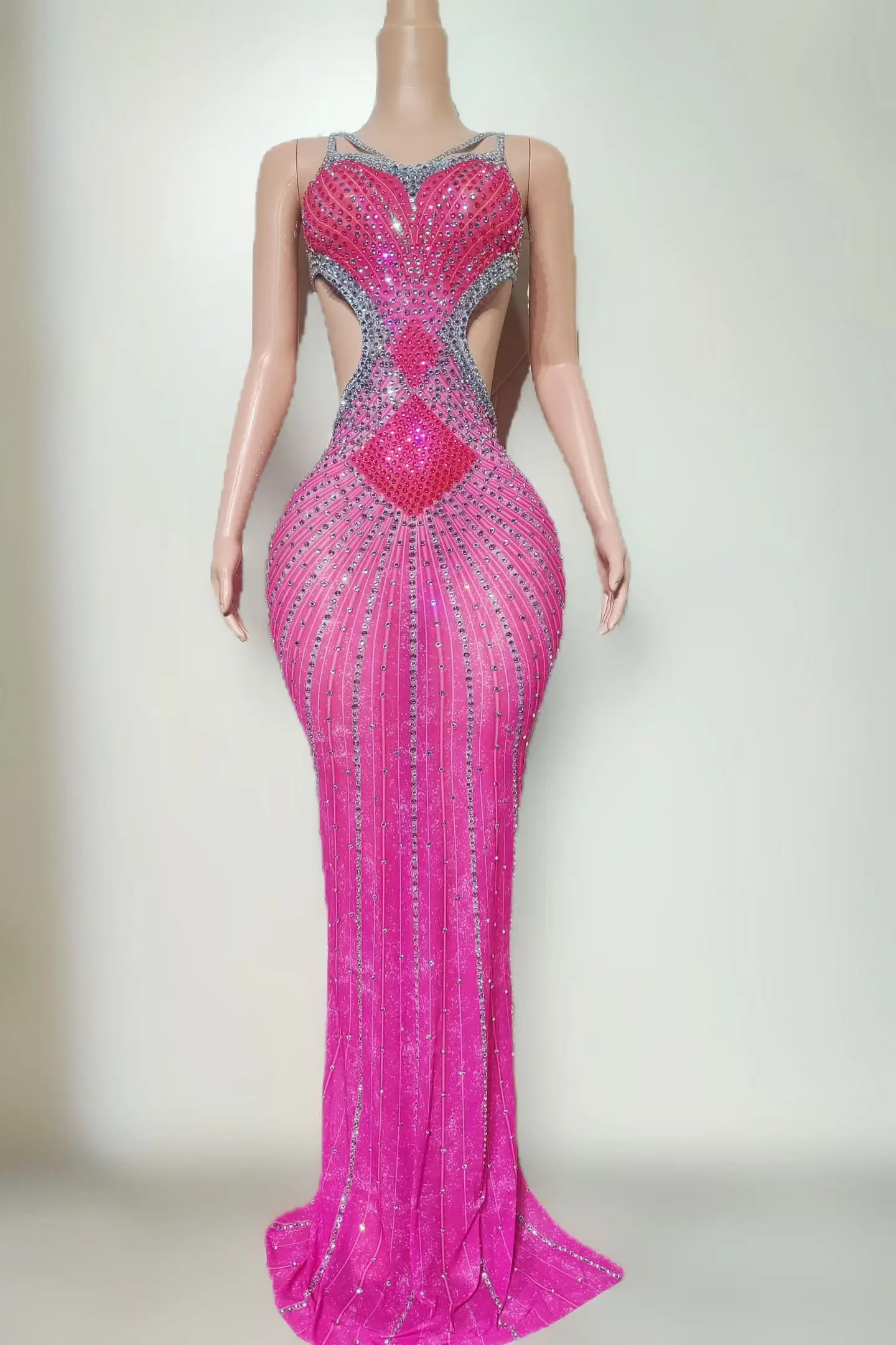 Xigua Rose Red Women Suspender Dress Sexy Hollow Out Full Diamond Gowns Bar Backless Dress Prom Birthday Cocktail Party Gowns