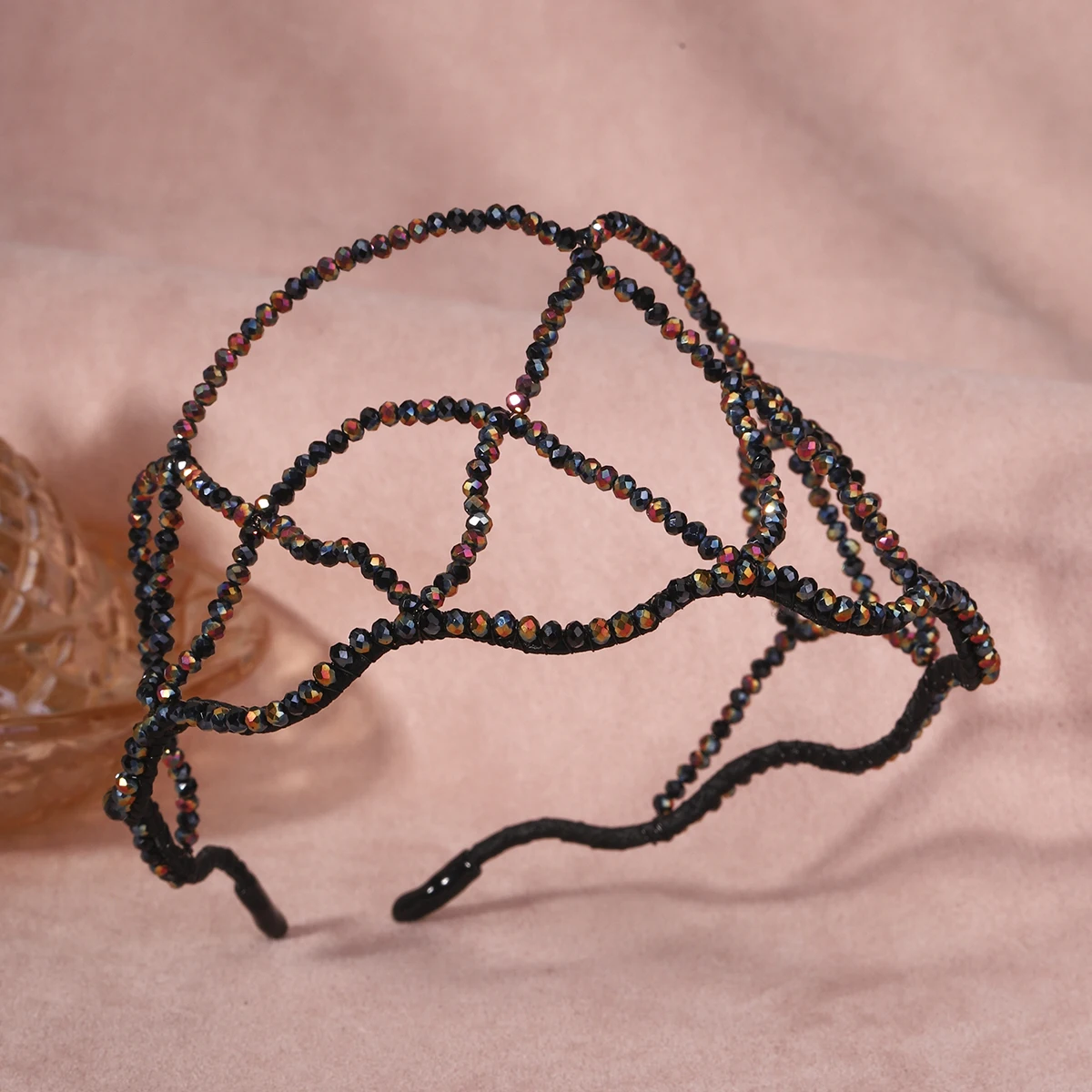 Crystal Beaded Hairnet Braided Fashion Black Women's Hairband Head Crown Bridal Wedding Headpieces Jewelry Accessories 2024 image 3