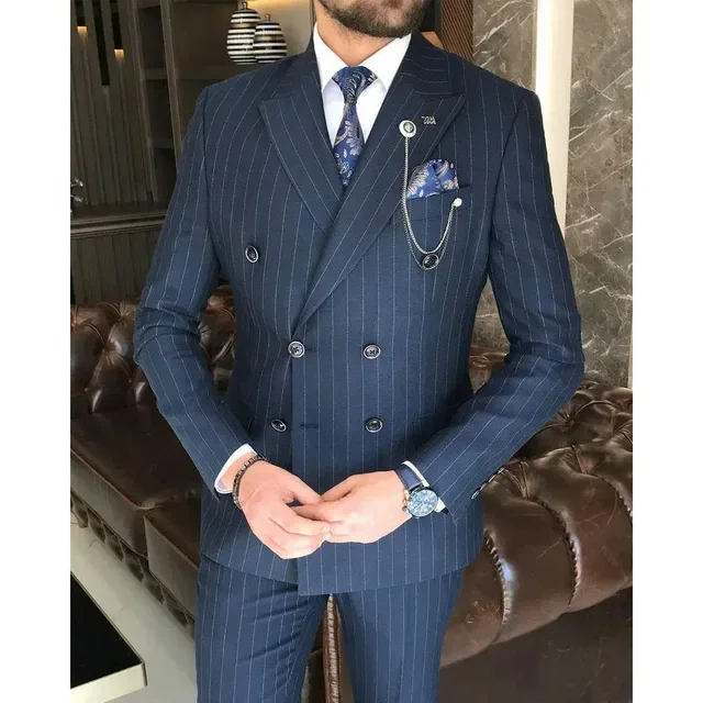 High Quality Suits for Men Blazer Navy Blue Peak Lapel Luxury Outfits Formal 2 Pcs Jacket Pants Set Costume Homme Evening Blazer