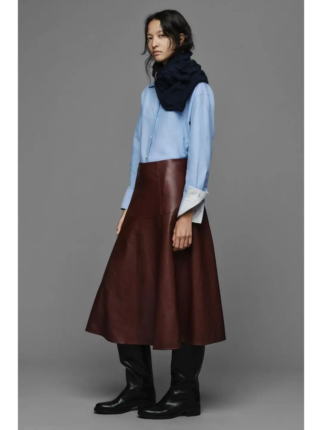 Decorative Layered A-Line Midi Skirt Faux Leather Effect Fabric High Waist PU Cotton Blend Citywalk Suitable for Ladies