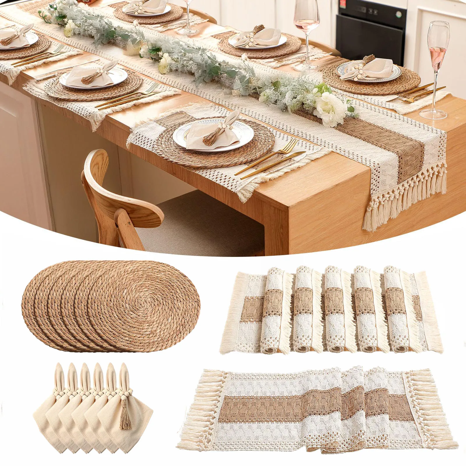 

Boho Dining Table Set for 4/6 Table Runner and Woven Placemats Set Fall Cloth Placemats Napkins Dining Table Decor Thanksgiving