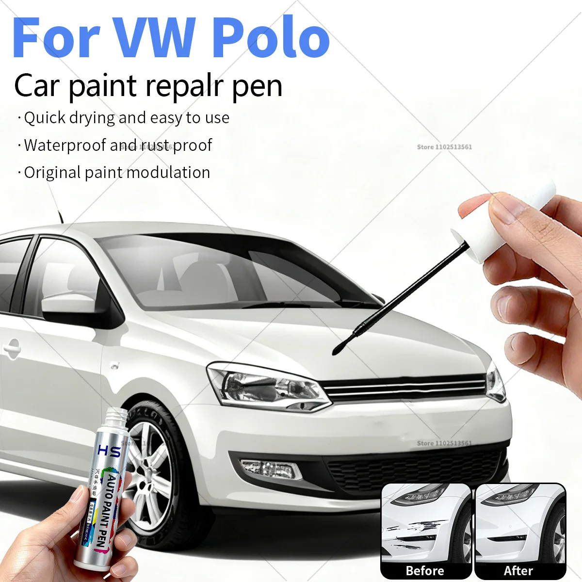 Pluma de reparación de pintura de coche, eliminador de arañazos, accesorios DIY para automóvil, naranja, blanco, LC9A, rojo, LS3M, plateado, A7W, para Volkswagen Polo